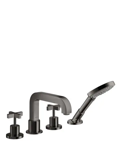 4-teilige Armatur in Polished Black Chrome für die Badewanne, bestehend aus einem Wasserhahn und zwei Kreuzgriffen. Markierung „AXOR“ ist sichtbar.